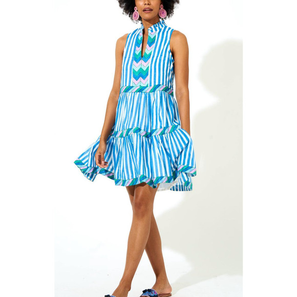OLIPHANT Tuckernuck Playa Blue Striped Yoke Mini Dress Flirty Flare Cotton XL - Picture 2 of 14